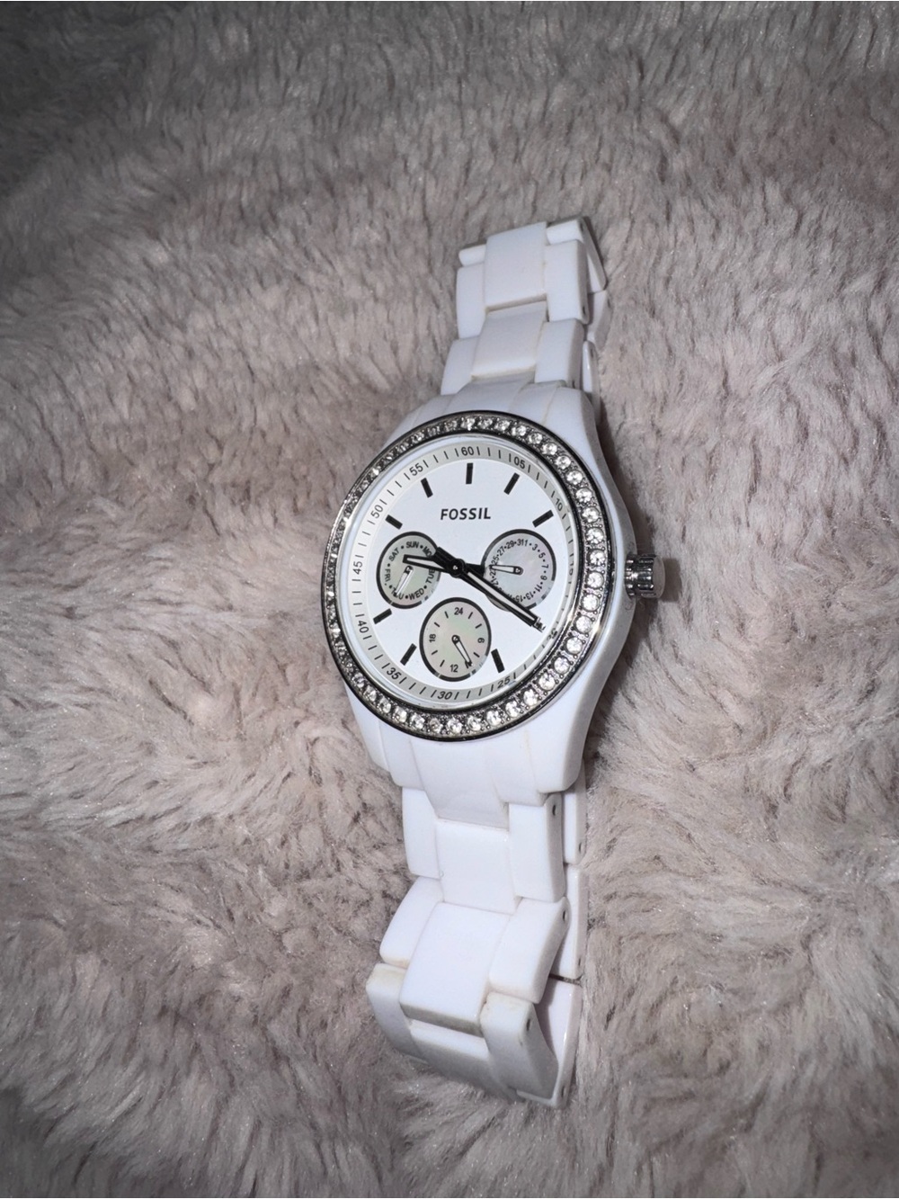 Fossil White Ceramic-Style Chronograph Watch with Crystal Accents